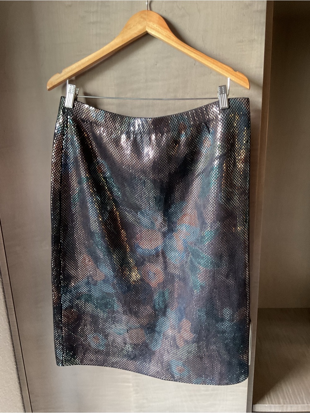 St. John Collection Black Iridescent Pencil Skirt with Blue & Bronze Sheen